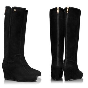 Tory Burch Irene Tall Black Suede Wedge Boots size 7